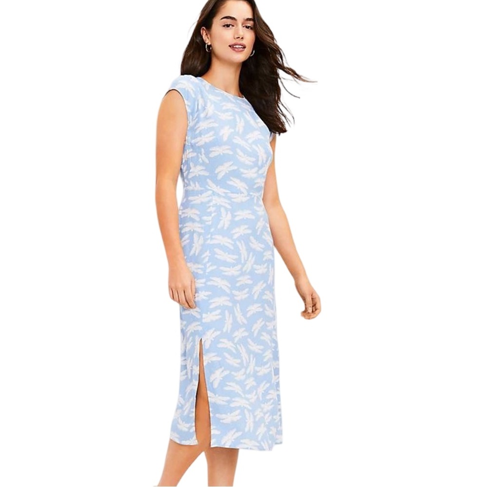 LOFT Light Blue Dragonfly Print Midi Retro Vintage Silhouette Dress NEW